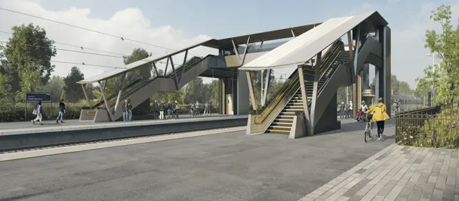 A digital rendering of a bridge at a railway station, surrounded by passengers.