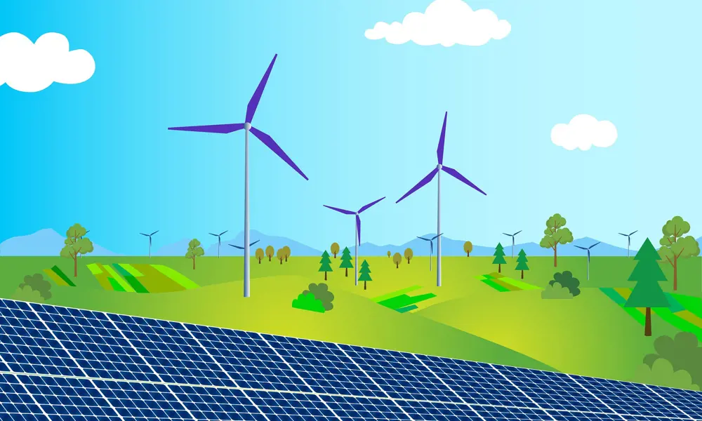 Illustration of wind turbines and solar panels