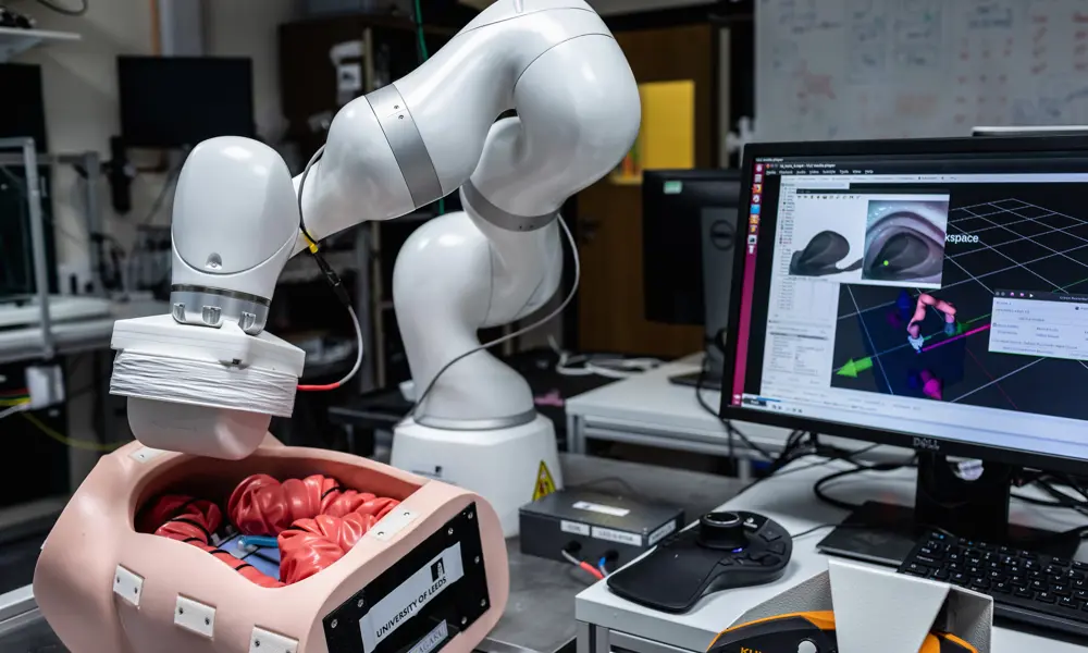 A computer display, whose interface can guide a robotic arm with a magnetic appendage above a model of the colon.