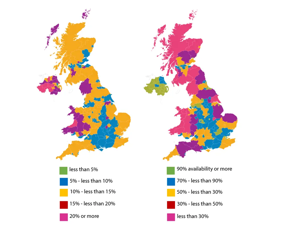 A map of the United Kingdom with different coloured areas depending on broadband connections (left) and coverage of superfast broadband (right).
