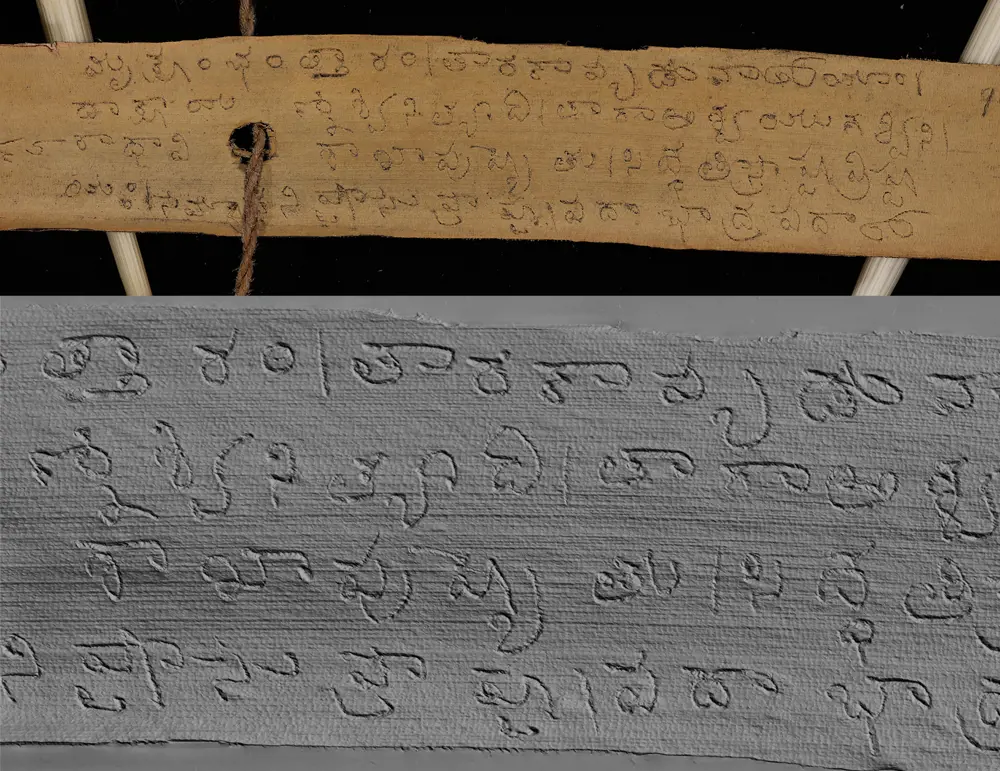 Close ups of a manuscript written in Sanskrit on a palm leaf