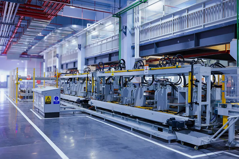 Automated manufacturing line inside a modern factory, with machinery, conveyor systems and overhead piping. 