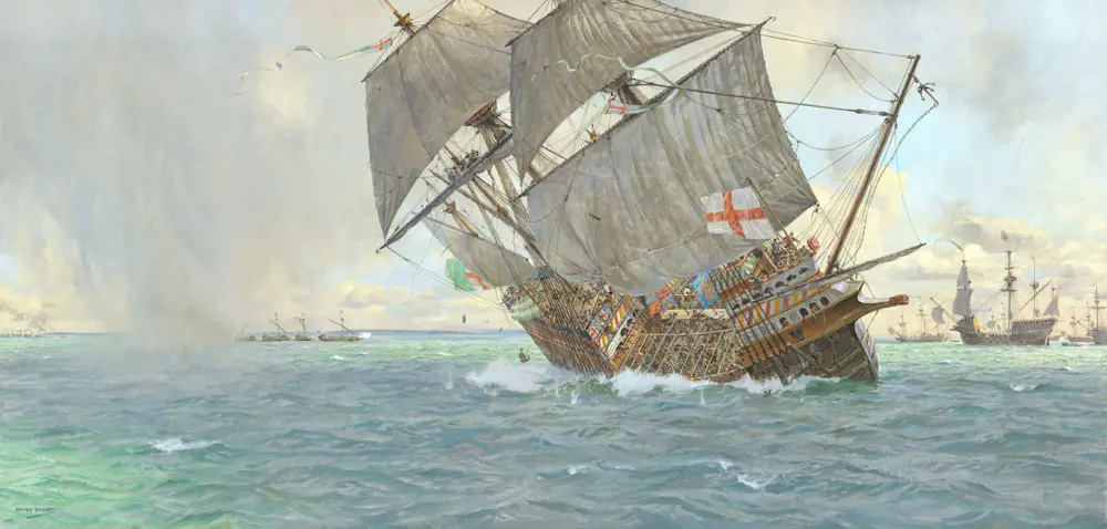 A painting of the Mary Rose warship with the England flag at the front, toppling over into the sea.
