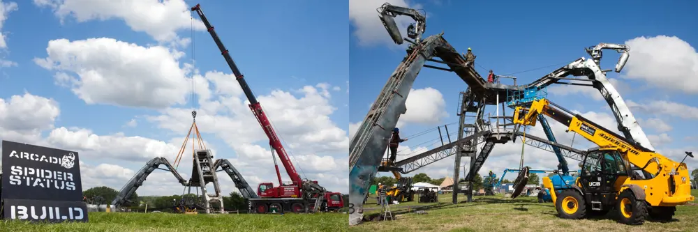 A crane lifting up the Arcadia spider's legs (left). A pivot structure stabilising the Arcadia spider's legs from below (right).