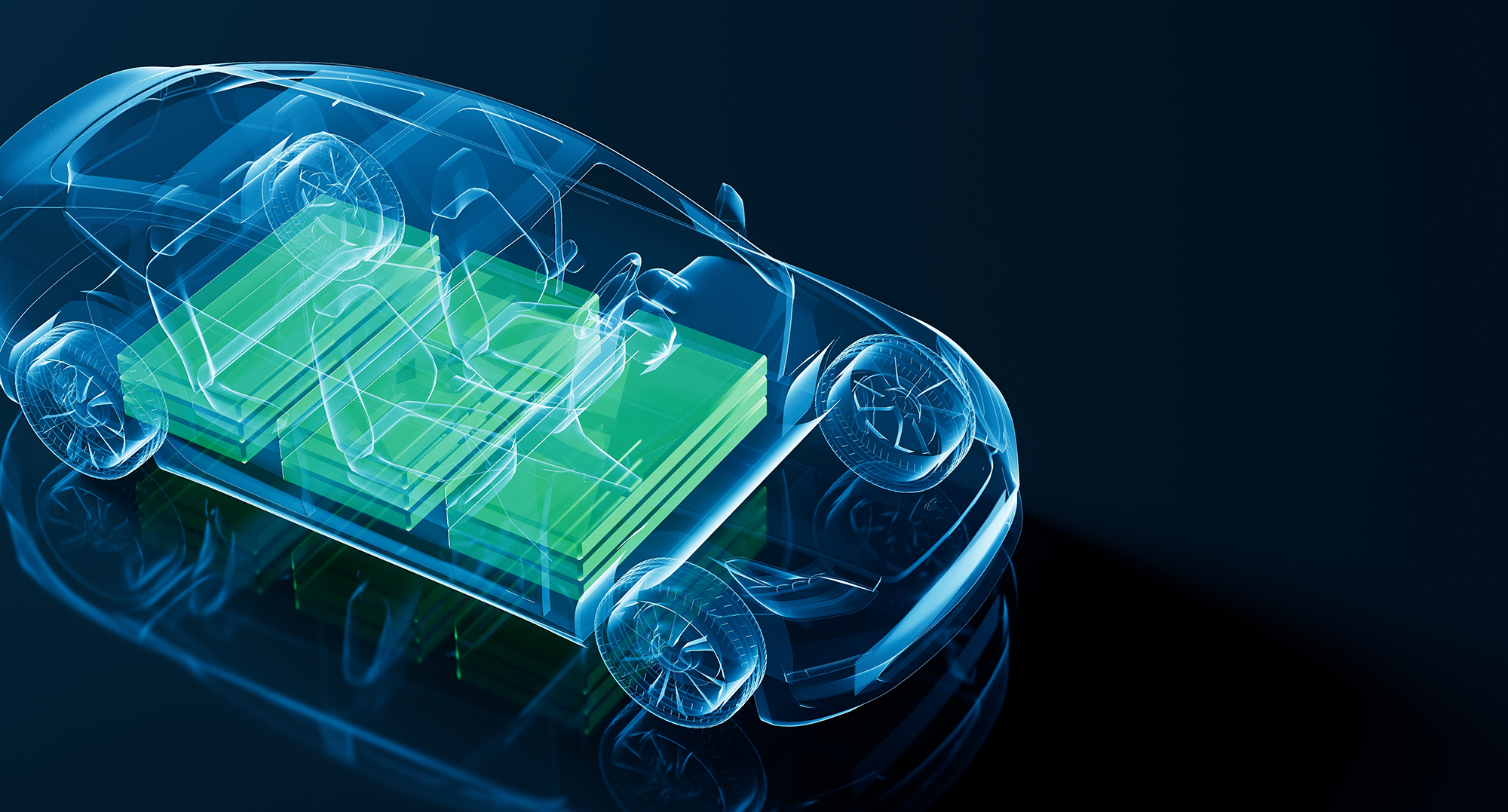 A computer rendering shows a transparent outline of a car in light blue with three green cuboids inside it 