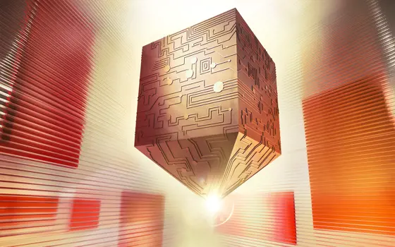 A concept image of modelling software showing a golden box shape made out of circuit boards on an orange and white background