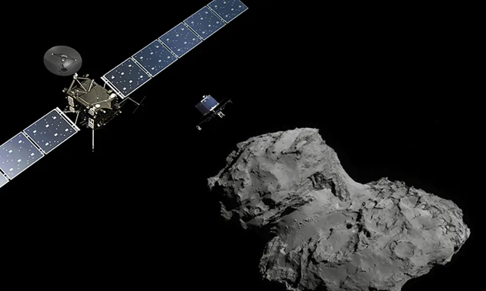 An artist's impression of the Rosetta spacecraft approaching comet 67P/Churyumob-Gerasimenko.