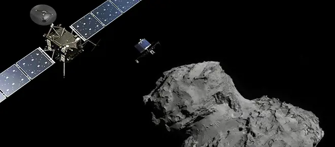 An artist's impression of the Rosetta spacecraft approaching comet 67P/Churyumob-Gerasimenko.