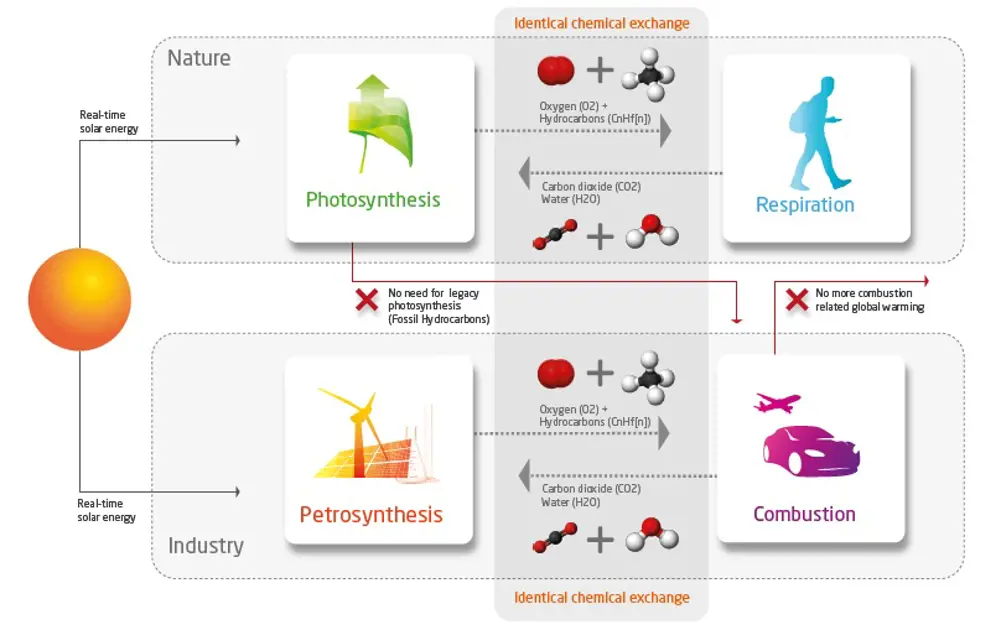 A schematic showing solar energy being used to for petrosynthesis in Industry (analogous to photosynthesis in nature), which is then used for combustion (analogous to respiration in nature).