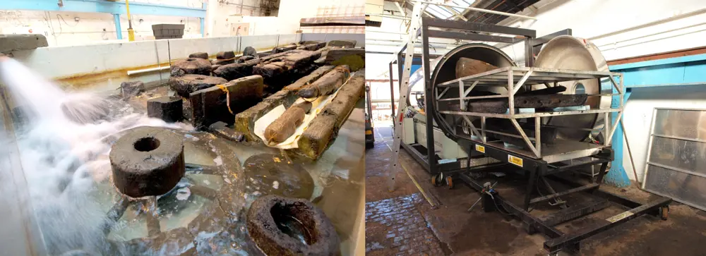 Wooden artifacts from the Mary Rose being soaked in running liquid (right). A large cylindrical freeze drying machine (right) of which the Mary Rose components were placed inside.