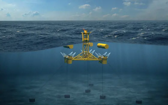 A concept image of the WaveSub underwater, showing its mooring layout. The wavesub platform floats at the surface of the ocean but it moored to the ocean floor with cables attached to anchors.