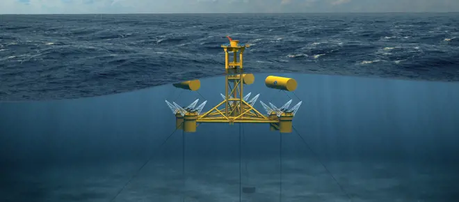 A concept image of the WaveSub underwater, showing its mooring layout. The wavesub platform floats at the surface of the ocean but it moored to the ocean floor with cables attached to anchors.