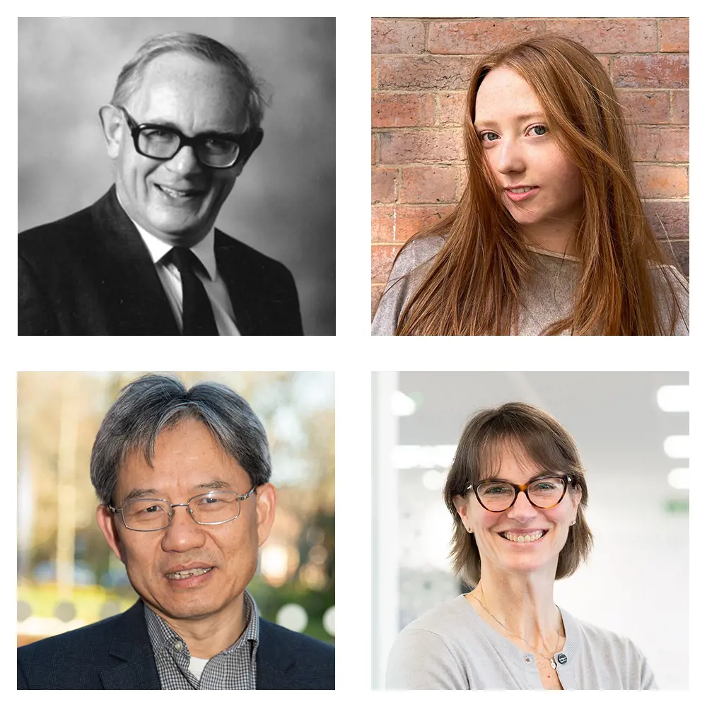 A collage of four portrait images, two women and two men
