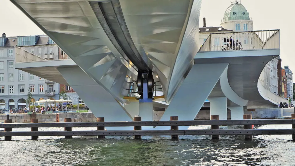 The underside of the Inner Harbour Bridge and the water below it.