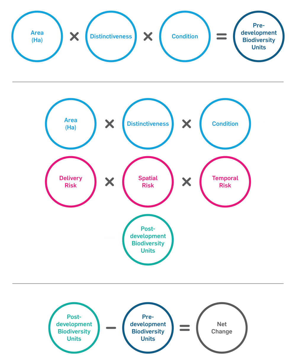 The formula for diversity net gain, or net change, is the post-development biodiversity units minus the pre-development biodiversity units,