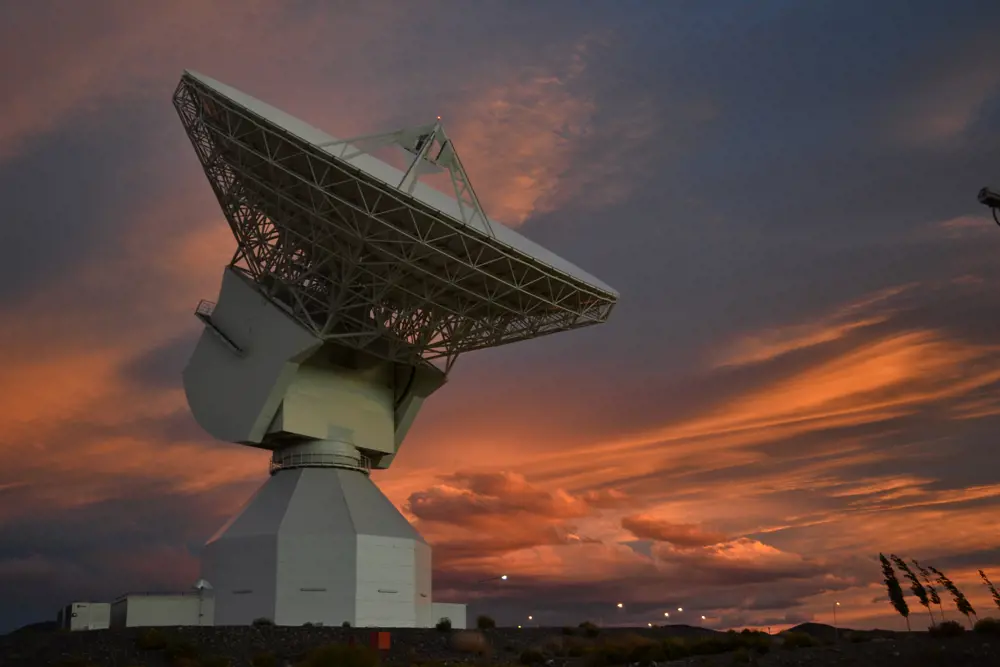 The Malargüe station radio antenna in Argentina at sunset. 