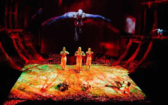 The production of The Tempest with special effects and actors on stage. 